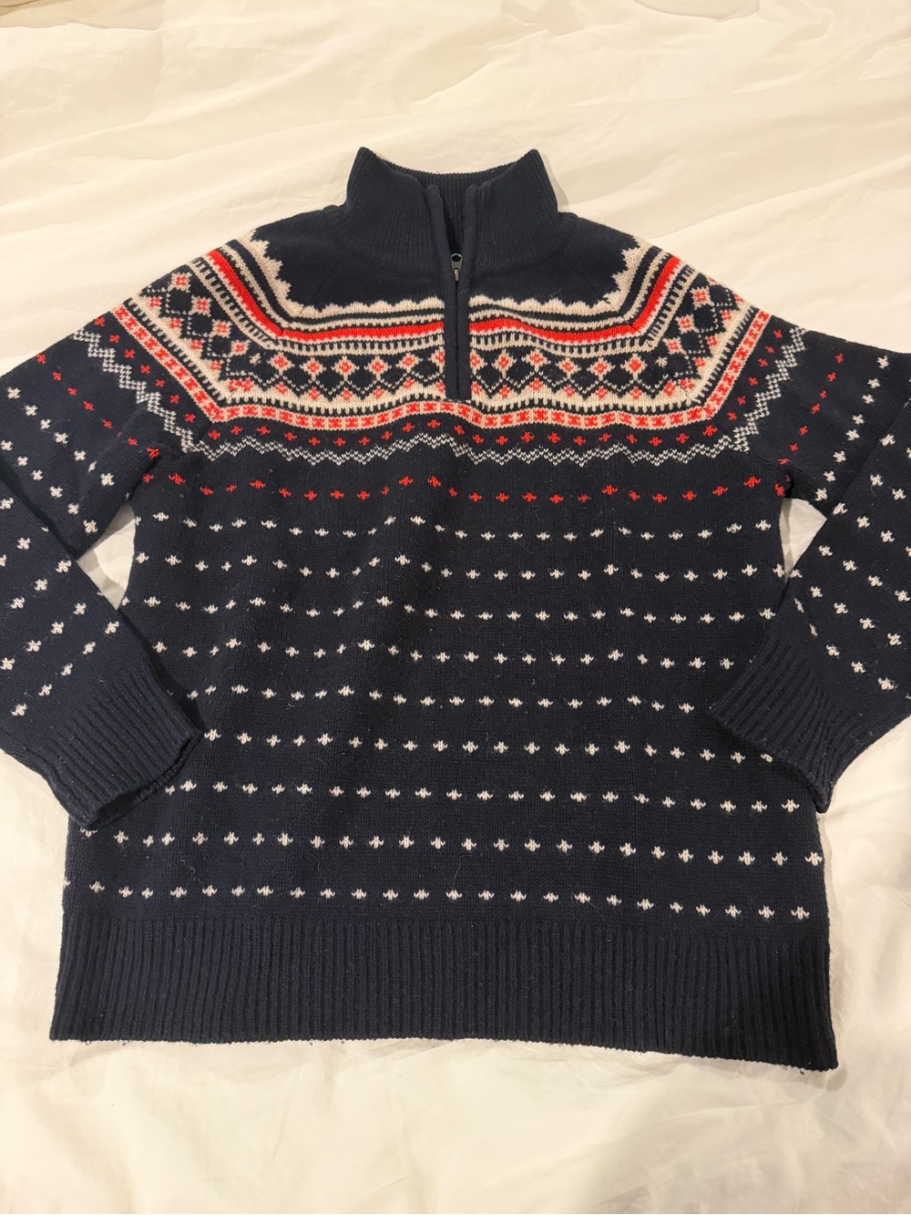 J. Crew Navy Fair Isle Half-Zip Sweater with Red & White Accents Size Medium - Picture 2 of 6